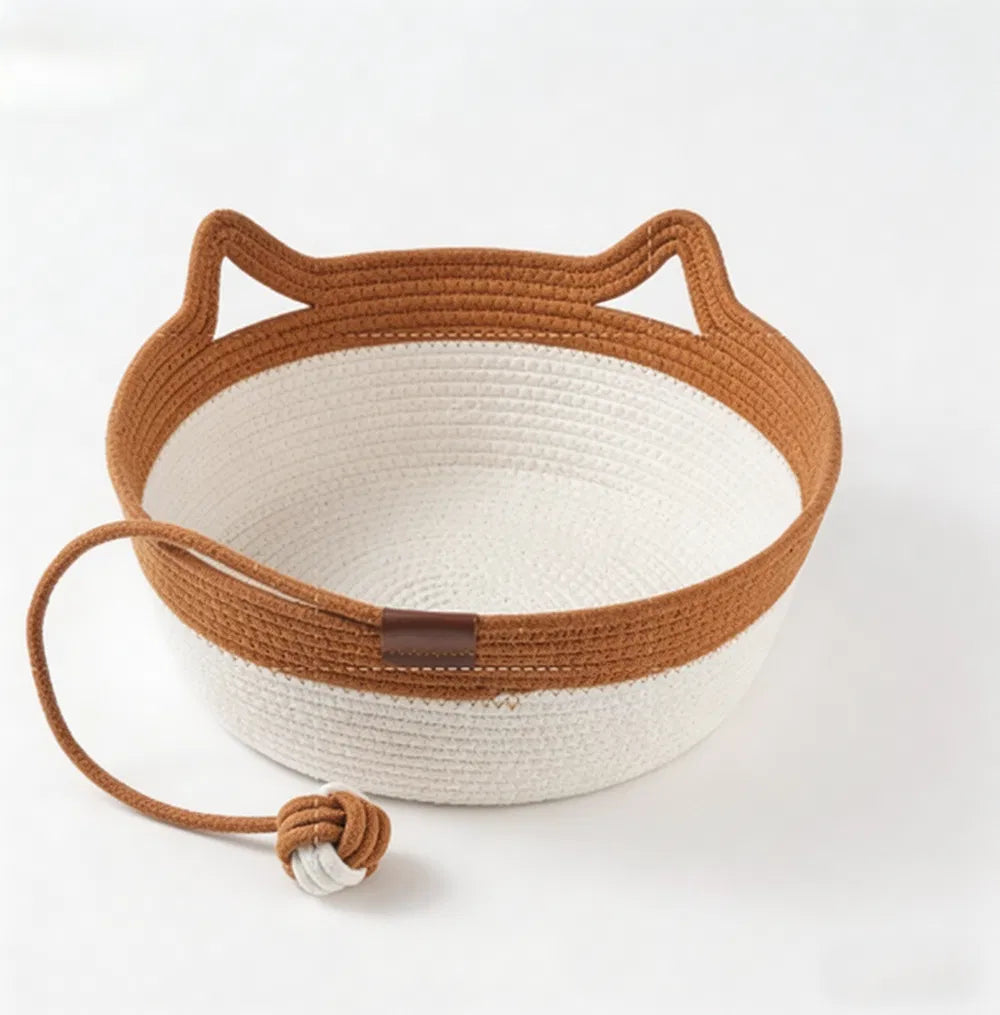 Round Woven Rope Cat Bed with Cat-Ear Rim & Hanging Toy, 18.1" Cozy Basket for Small & Medium Cats