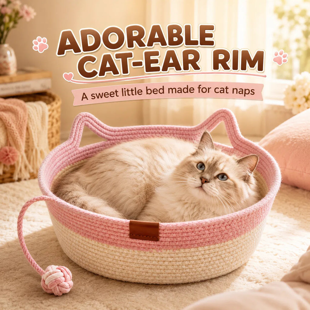 18.1" Cotton Rope Cat Bed with Hanging Toy, Round Woven Pet Bed with Cat-Ear Rim for Indoor Cats - Pink
