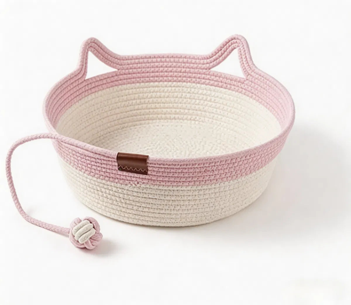 18.1" Cotton Rope Cat Bed with Hanging Toy, Round Woven Pet Bed with Cat-Ear Rim for Indoor Cats - Pink