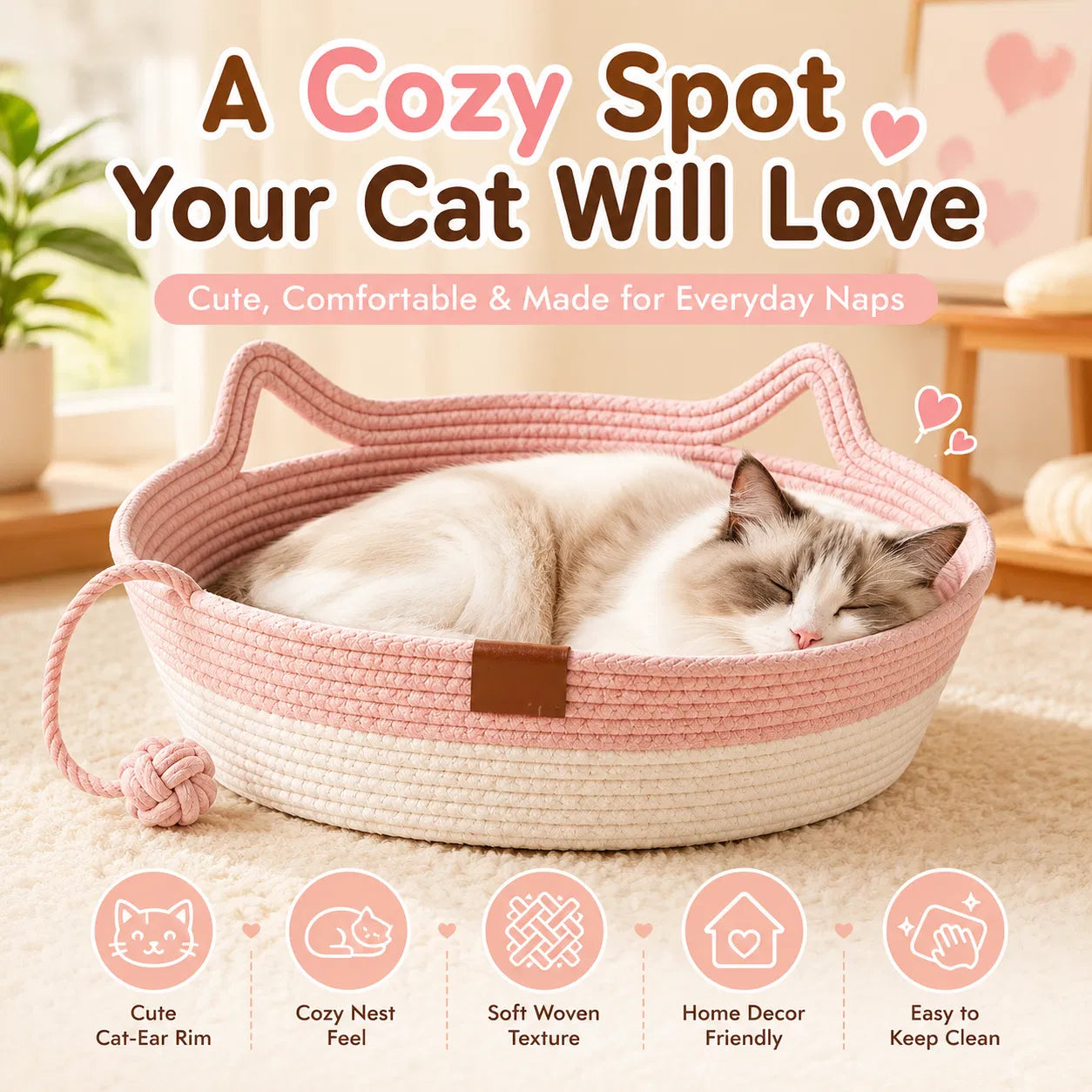 18.1" Cotton Rope Cat Bed with Hanging Toy, Round Woven Pet Bed with Cat-Ear Rim for Indoor Cats - Pink