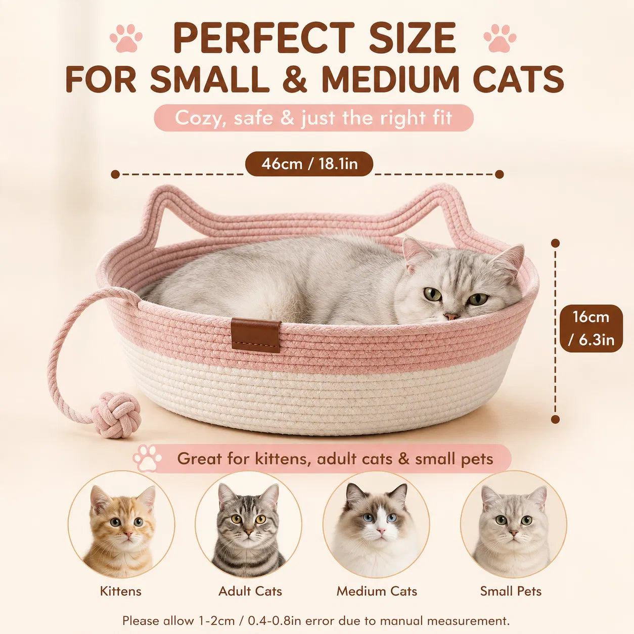 18.1" Cotton Rope Cat Bed with Hanging Toy, Round Woven Pet Bed with Cat-Ear Rim for Indoor Cats - Pink