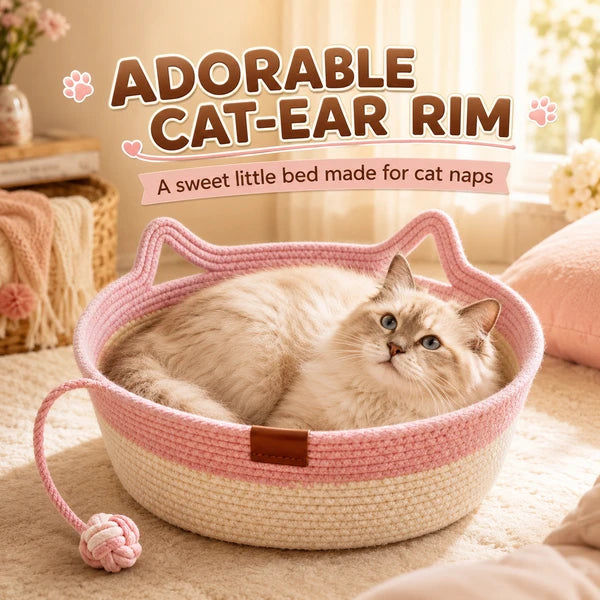 Round Woven Rope Cat Bed with Cat-Ear Rim & Hanging Toy, 18.1" Cozy Basket for Small & Medium Cats