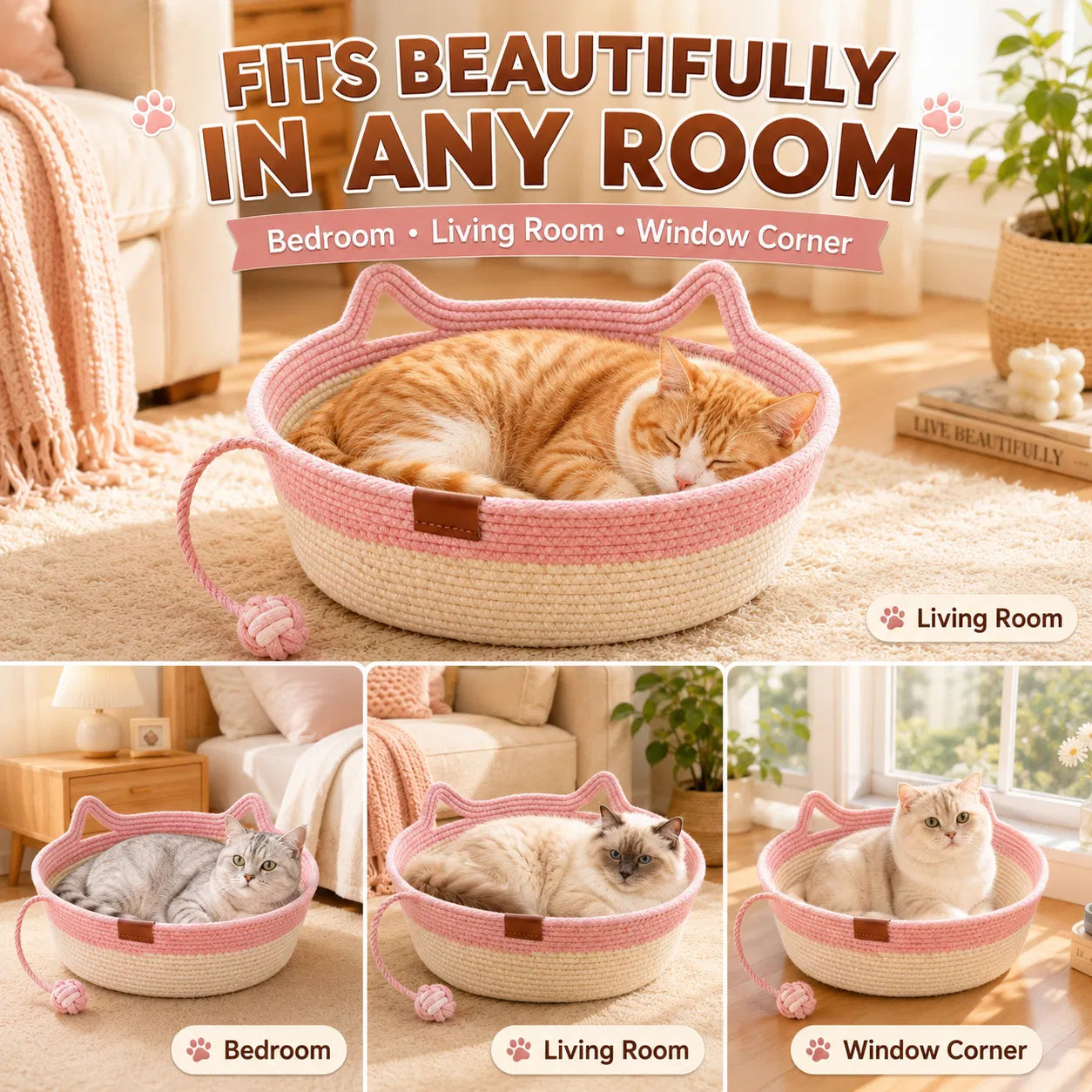 18.1" Cotton Rope Cat Bed with Hanging Toy, Round Woven Pet Bed with Cat-Ear Rim for Indoor Cats - Pink