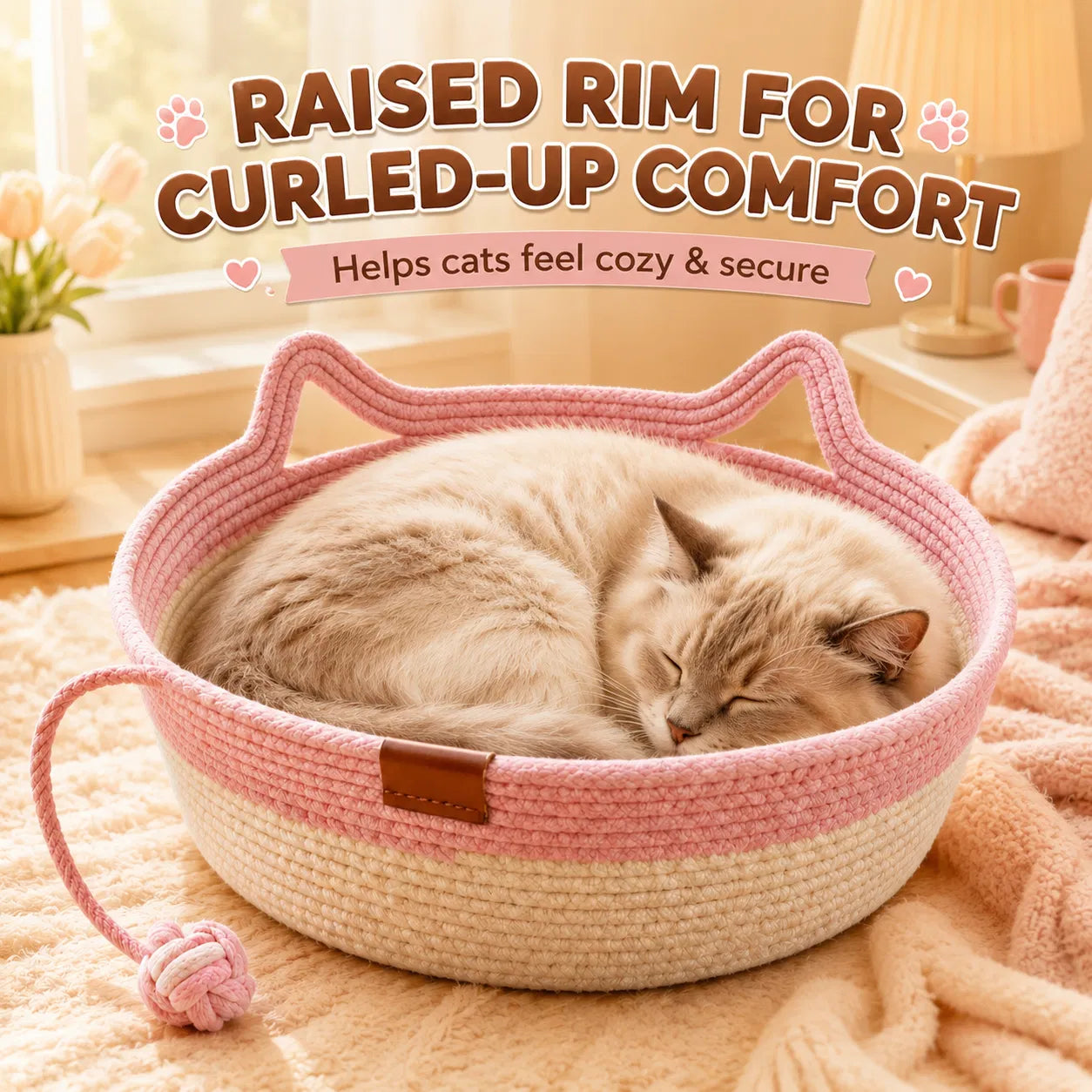 18.1" Cotton Rope Cat Bed with Hanging Toy, Round Woven Pet Bed with Cat-Ear Rim for Indoor Cats - Pink