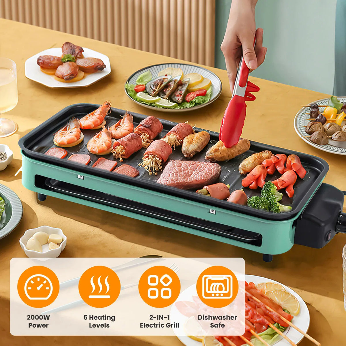 2-in-1 Electric Grill & Crepe Maker, 2000W Fast Heat, 5 Temperature Settings, 3 Raclette Trays, Dishwasher Safe, Indoor & Outdoor