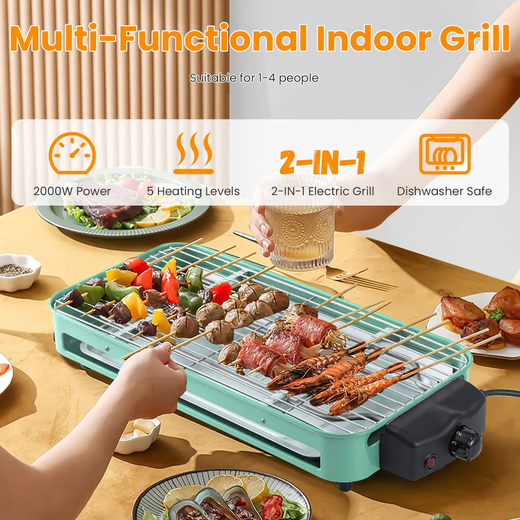 2-in-1 Electric Grill & Crepe Maker, 2000W Fast Heat, 5 Temperature Settings, 3 Raclette Trays, Dishwasher Safe, Indoor & Outdoor