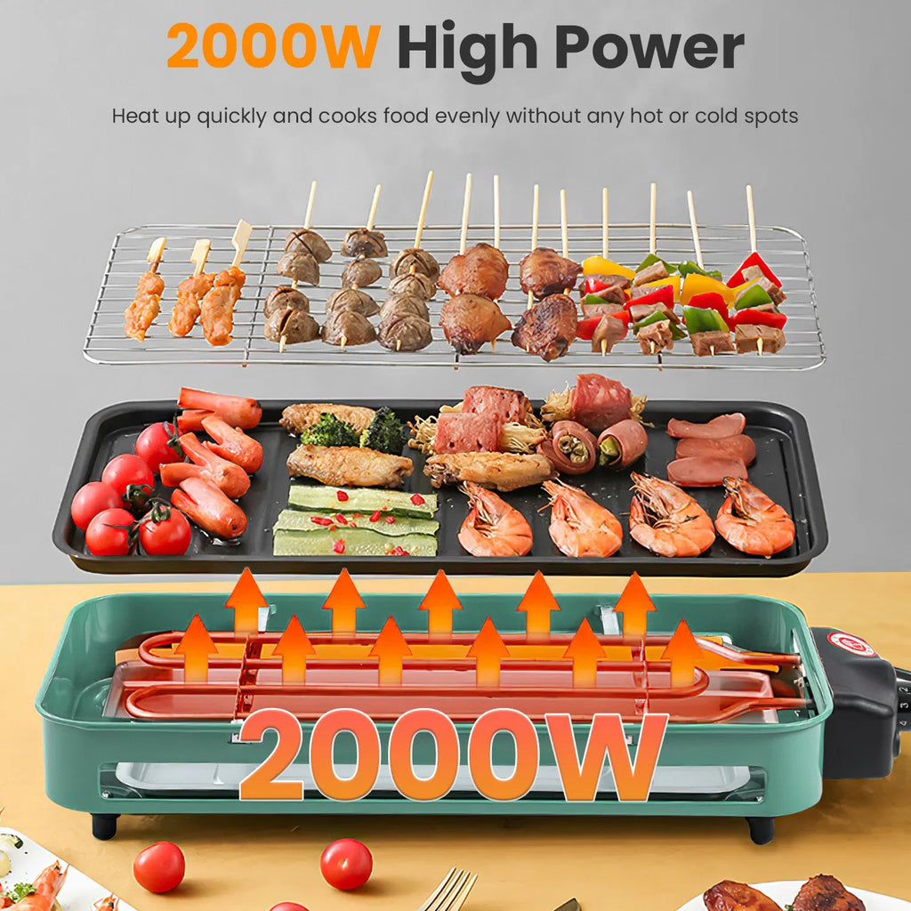 2-in-1 Electric Grill & Crepe Maker, 2000W Fast Heat, 5 Temperature Settings, 3 Raclette Trays, Dishwasher Safe, Indoor & Outdoor