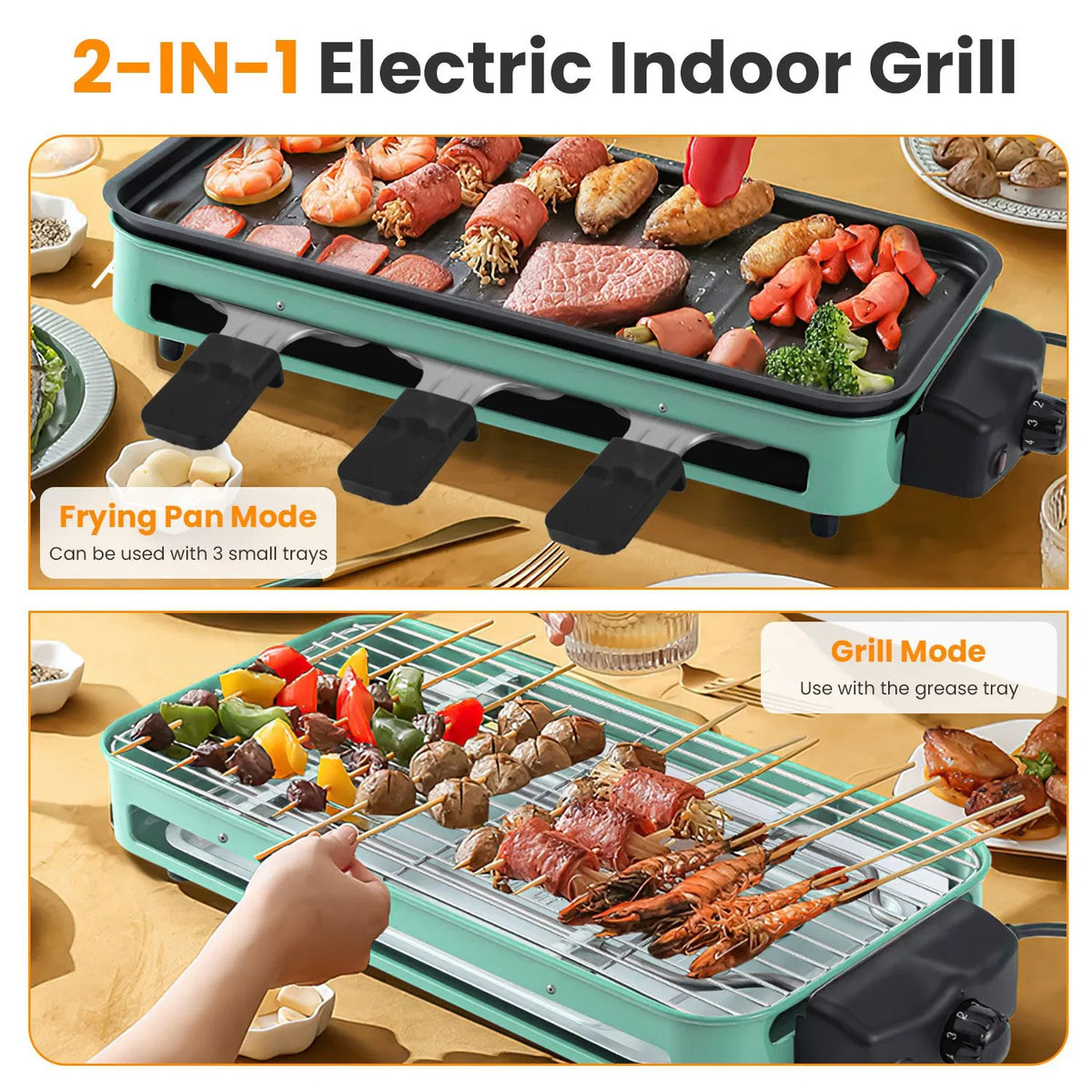 2-in-1 Electric Grill & Crepe Maker, 2000W Fast Heat, 5 Temperature Settings, 3 Raclette Trays, Dishwasher Safe, Indoor & Outdoor