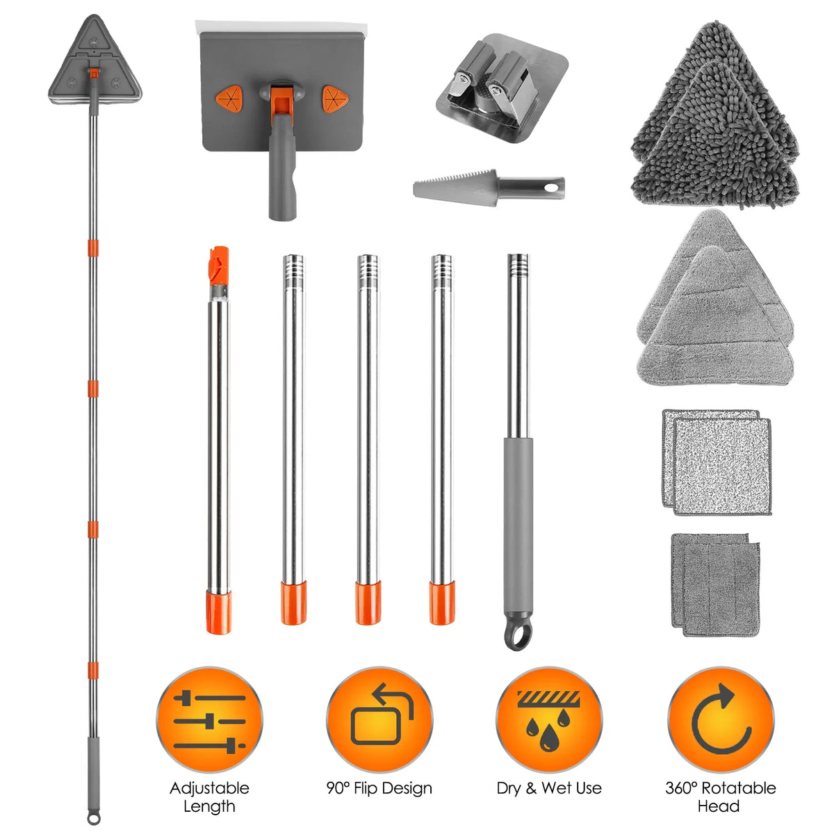 2‑in‑1 Extendable Wall Baseboard Mop, 180° Rotatable Head with 8 Reusable Washable Cleaning Pads