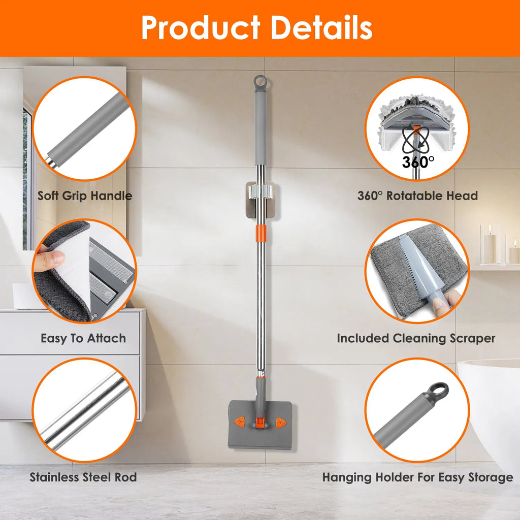 2‑in‑1 Extendable Wall Baseboard Mop, 180° Rotatable Head with 8 Reusable Washable Cleaning Pads