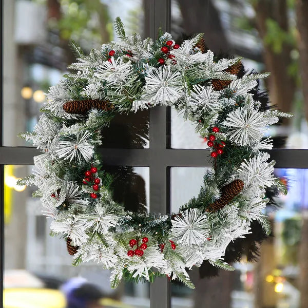 Aeelleea 2 Pack 18 Inch Pre-Lit Snow Flocked Christmas Wreath,60 Warm Lights,140 Tips with Red Berries & Pinecones for Front Door Wall Party Decor