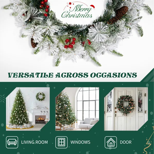 Aeelleea 2 Pack 18 Inch Pre-Lit Snow Flocked Christmas Wreath,60 Warm Lights,140 Tips with Red Berries & Pinecones for Front Door Wall Party Decor