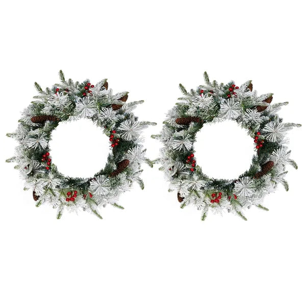 Aeelleea 2 Pack 18 Inch Pre-Lit Snow Flocked Christmas Wreath,60 Warm Lights,140 Tips with Red Berries & Pinecones for Front Door Wall Party Decor