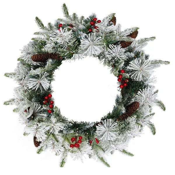 Aeelleea 2 Pack 18 Inch Pre-Lit Snow Flocked Christmas Wreath,60 Warm Lights,140 Tips with Red Berries & Pinecones for Front Door Wall Party Decor