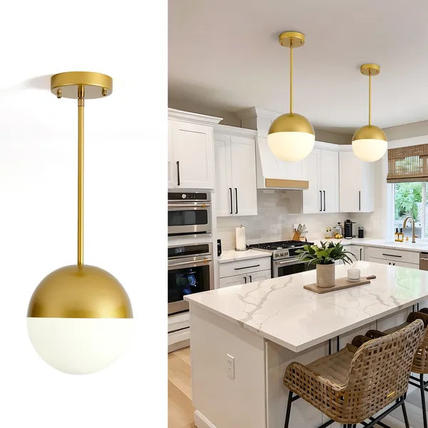 2-Pack Brushed Gold Pendant Lights, Milky Globe Glass Shade, Adjustable Hanging Rod for Kitchen Island Dining Room (Bulb Not Included)
