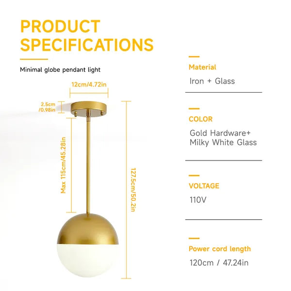 2-Pack Brushed Gold Pendant Lights, Milky Globe Glass Shade, Adjustable Hanging Rod for Kitchen Island Dining Room (Bulb Not Included)