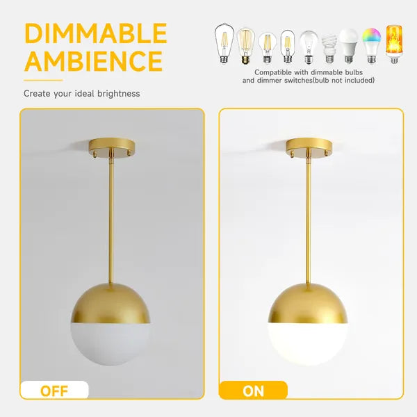 2-Pack Brushed Gold Pendant Lights, Milky Globe Glass Shade, Adjustable Hanging Rod for Kitchen Island Dining Room (Bulb Not Included)