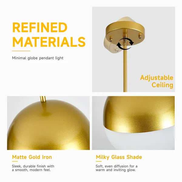 2-Pack Brushed Gold Pendant Lights, Milky Globe Glass Shade, Adjustable Hanging Rod for Kitchen Island Dining Room (Bulb Not Included)