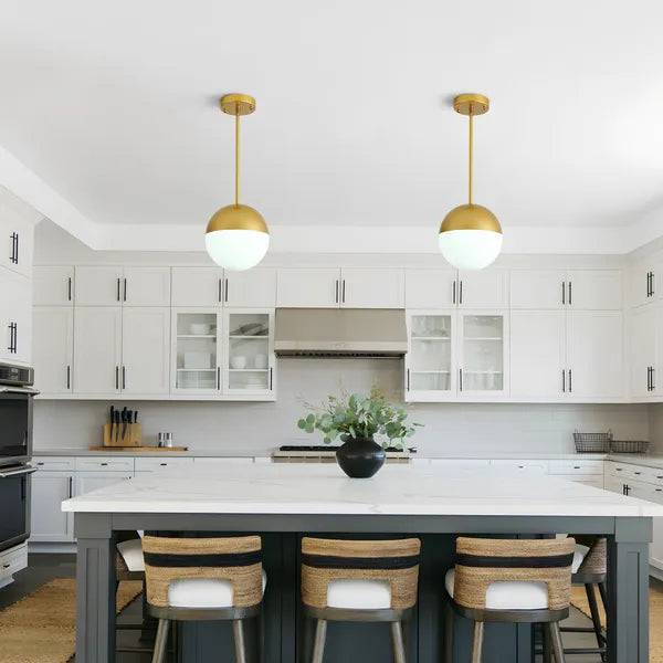 2-Pack Brushed Gold Pendant Lights, Milky Globe Glass Shade, Adjustable Hanging Rod for Kitchen Island Dining Room (Bulb Not Included)