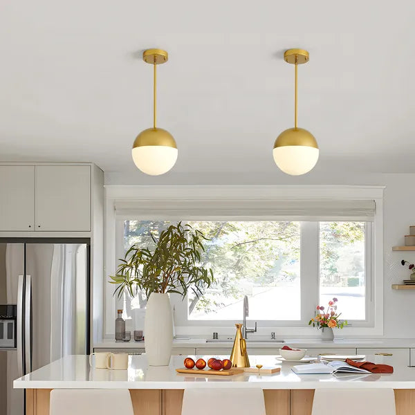 2-Pack Brushed Gold Pendant Lights, Milky Globe Glass Shade, Adjustable Hanging Rod for Kitchen Island Dining Room (Bulb Not Included)