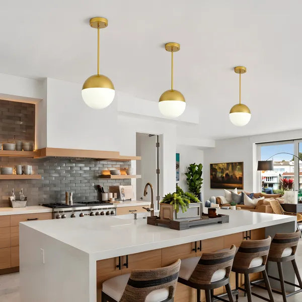 2-Pack Brushed Gold Pendant Lights, Milky Globe Glass Shade, Adjustable Hanging Rod for Kitchen Island Dining Room (Bulb Not Included)