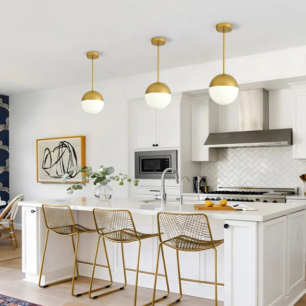 2-Pack Brushed Gold Pendant Lights, Milky Globe Glass Shade, Adjustable Hanging Rod for Kitchen Island Dining Room (Bulb Not Included)