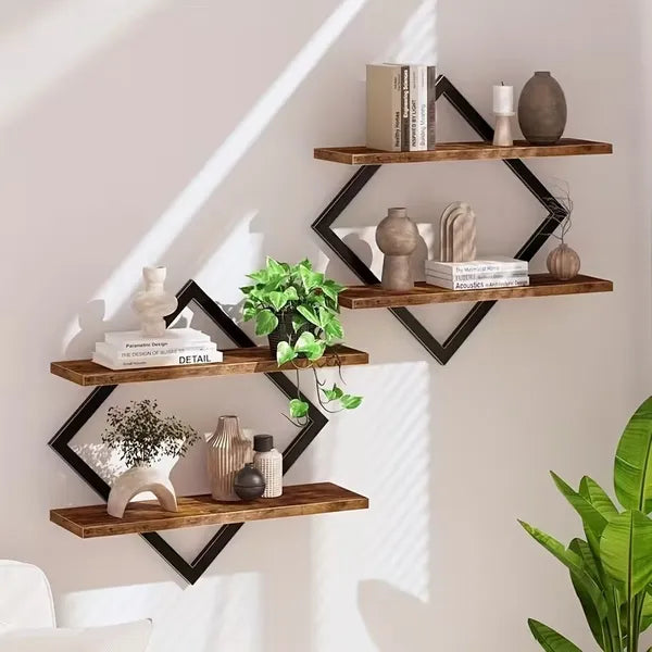 Geometric Diamond Floating Wall Shelves Set of 2, Metal Frame Wooden Display Rack for Living Room Bedroom Decor