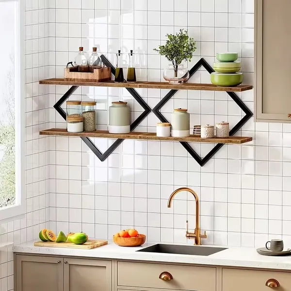 Geometric Diamond Floating Wall Shelves Set of 2, Metal Frame Wooden Display Rack for Living Room Bedroom Decor