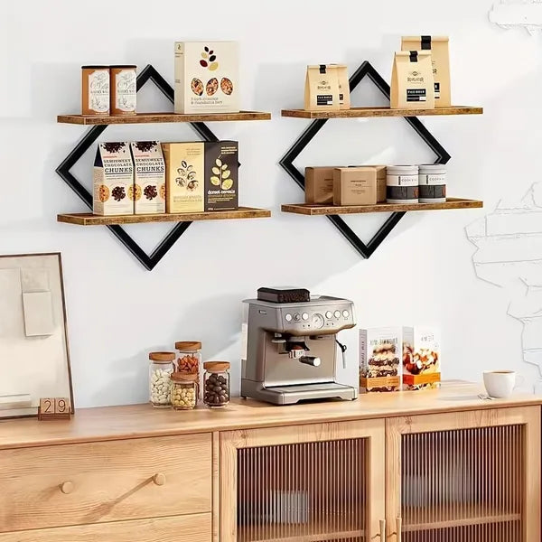 Geometric Diamond Floating Wall Shelves Set of 2, Metal Frame Wooden Display Rack for Living Room Bedroom Decor