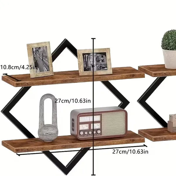 Geometric Diamond Floating Wall Shelves Set of 2, Metal Frame Wooden Display Rack for Living Room Bedroom Decor