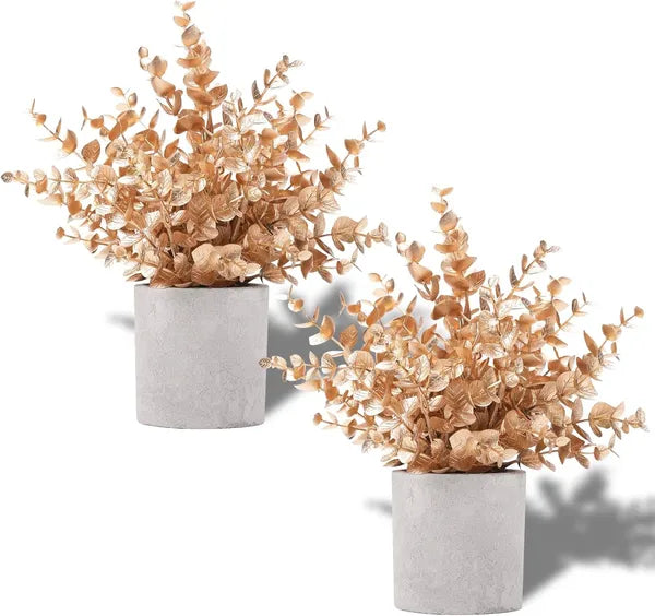 2 Pack Gold Artificial Eucalyptus Potted Plants, Faux Small Greenery for Christmas, Farmhouse Table & Shelf Decor