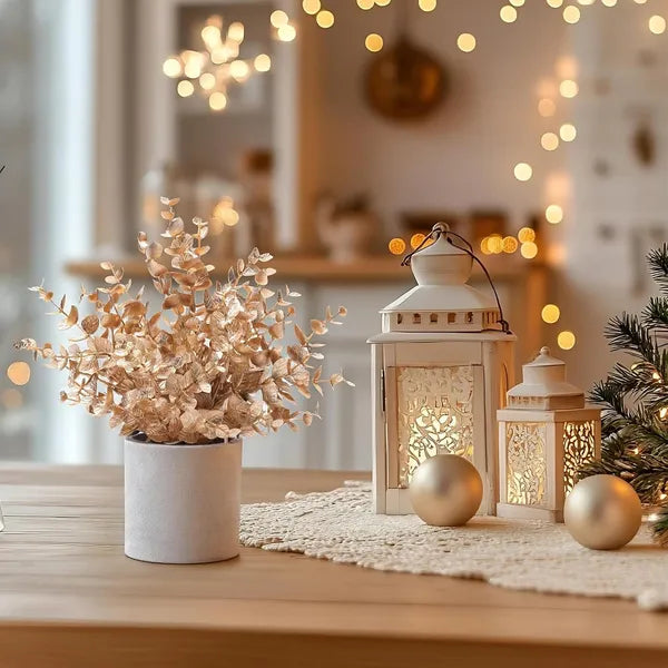 2 Pack Gold Artificial Eucalyptus Potted Plants, Faux Small Greenery for Christmas, Farmhouse Table & Shelf Decor