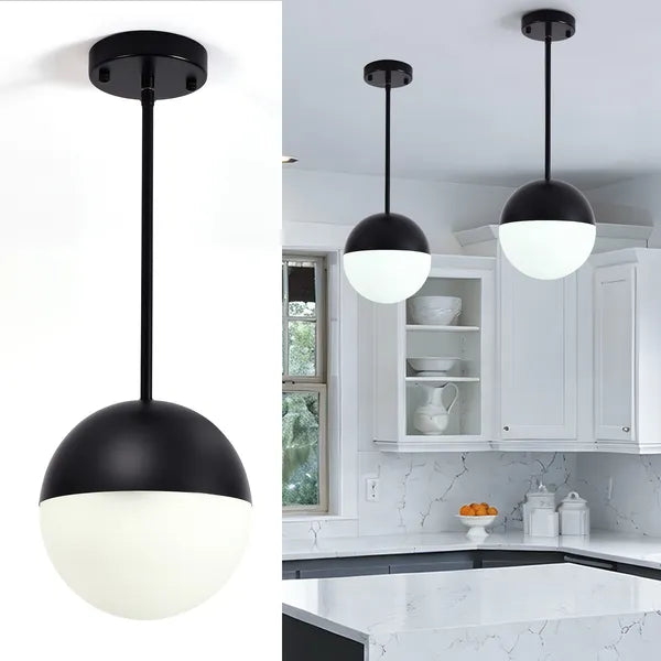 2 Pack Mid-Century Matte Black Pendant Lights, White Globe Glass Shade, Adjustable Rod for Kitchen Island Dining Room Office Bathroom