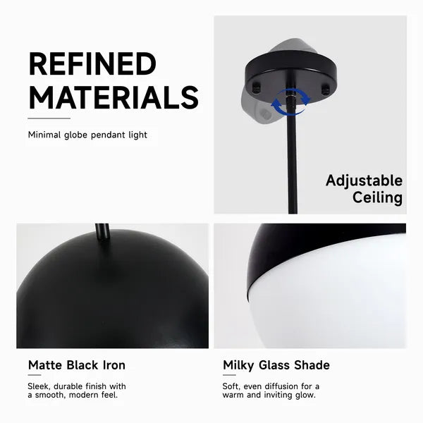 2 Pack Mid-Century Matte Black Pendant Lights, White Globe Glass Shade, Adjustable Rod for Kitchen Island Dining Room Office Bathroom
