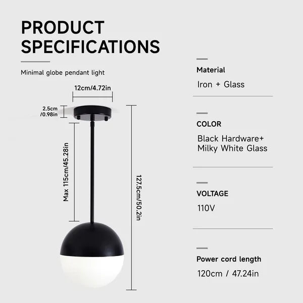 2 Pack Mid-Century Matte Black Pendant Lights, White Globe Glass Shade, Adjustable Rod for Kitchen Island Dining Room Office Bathroom