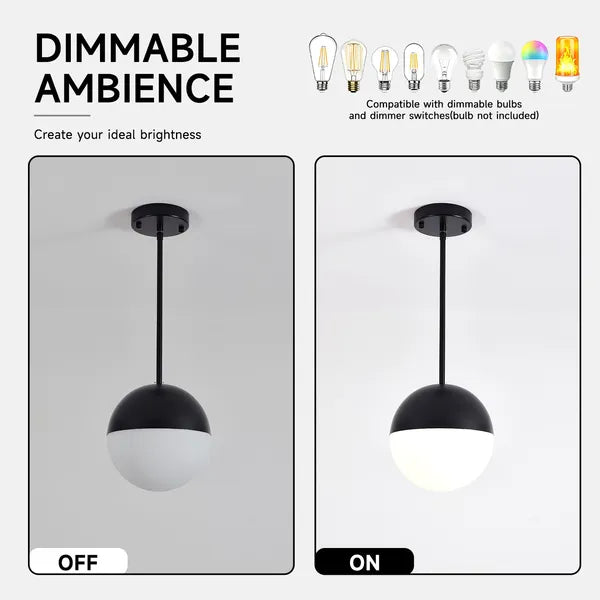2 Pack Mid-Century Matte Black Pendant Lights, White Globe Glass Shade, Adjustable Rod for Kitchen Island Dining Room Office Bathroom