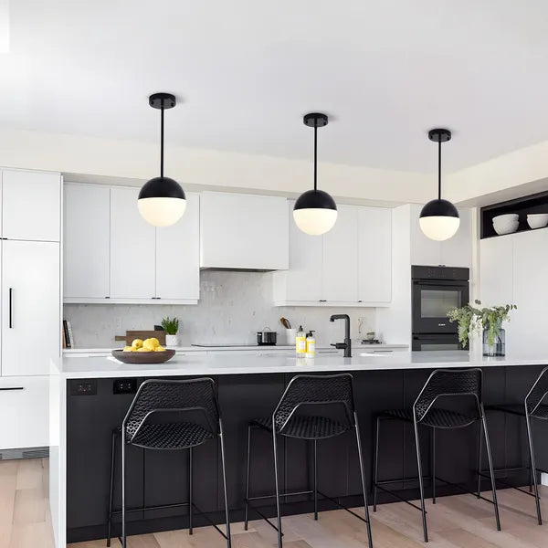 2 Pack Mid-Century Matte Black Pendant Lights, White Globe Glass Shade, Adjustable Rod for Kitchen Island Dining Room Office Bathroom