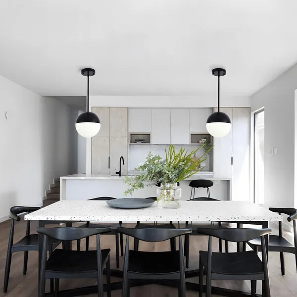 2 Pack Mid-Century Matte Black Pendant Lights, White Globe Glass Shade, Adjustable Rod for Kitchen Island Dining Room Office Bathroom