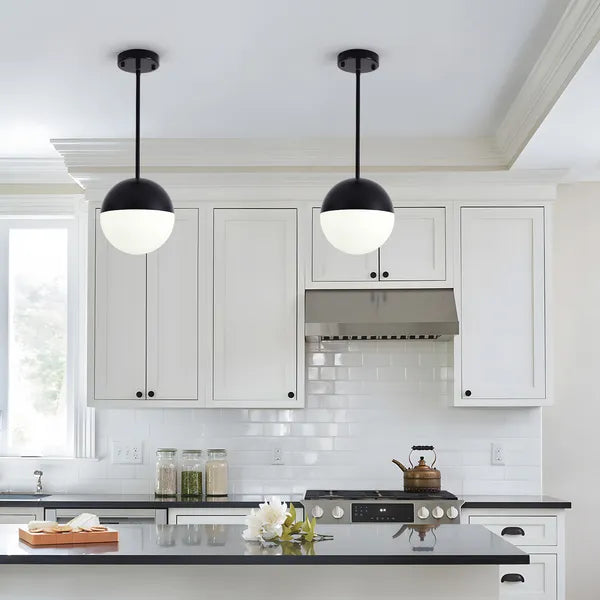 2 Pack Mid-Century Matte Black Pendant Lights, White Globe Glass Shade, Adjustable Rod for Kitchen Island Dining Room Office Bathroom