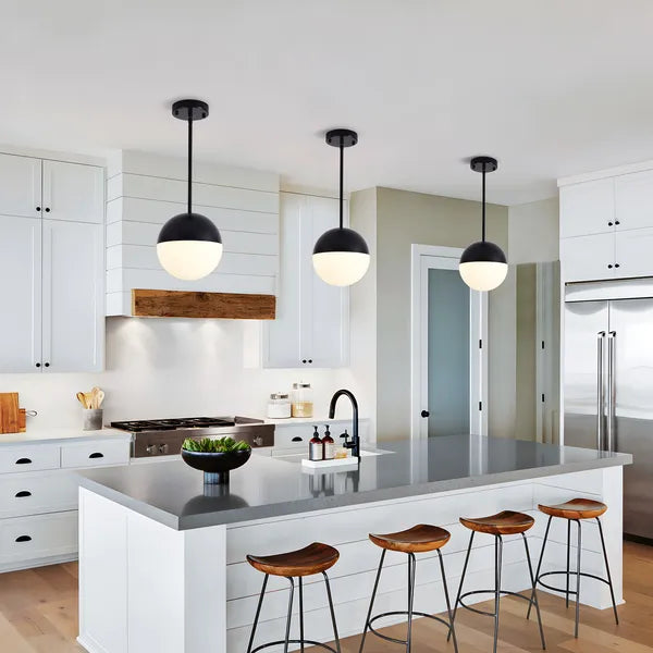 2 Pack Mid-Century Matte Black Pendant Lights, White Globe Glass Shade, Adjustable Rod for Kitchen Island Dining Room Office Bathroom