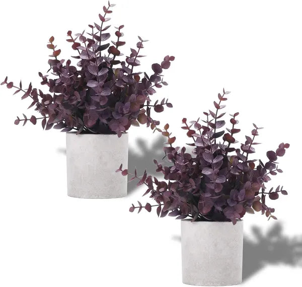 2 Pack Small Artificial Eucalyptus Potted Plants, Plum Faux Fall Greenery for Shelf, Desk, Farmhouse Halloween Home Decor
