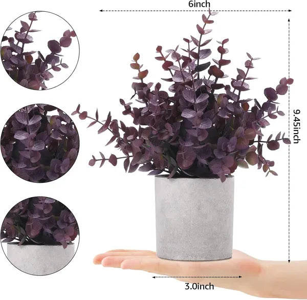 2 Pack Small Artificial Eucalyptus Potted Plants, Plum Faux Fall Greenery for Shelf, Desk, Farmhouse Halloween Home Decor