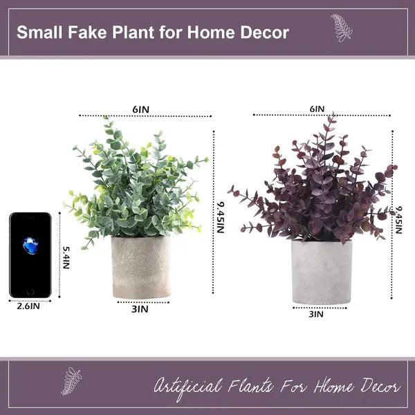 2 Pack Small Artificial Eucalyptus Potted Plants, Plum Faux Fall Greenery for Shelf, Desk, Farmhouse Halloween Home Decor