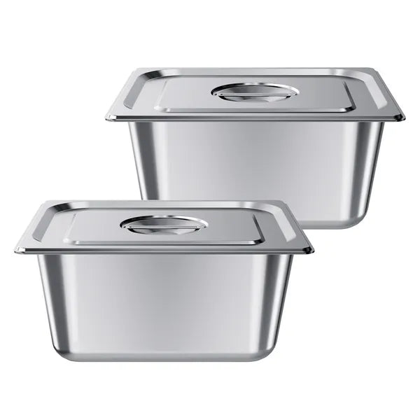 2‑Pack 1/2 Size Stainless Steel Steam Table Pans with Lids, 6 Inch Deep Oven Freezer Safe Commercial Food Storage Containers