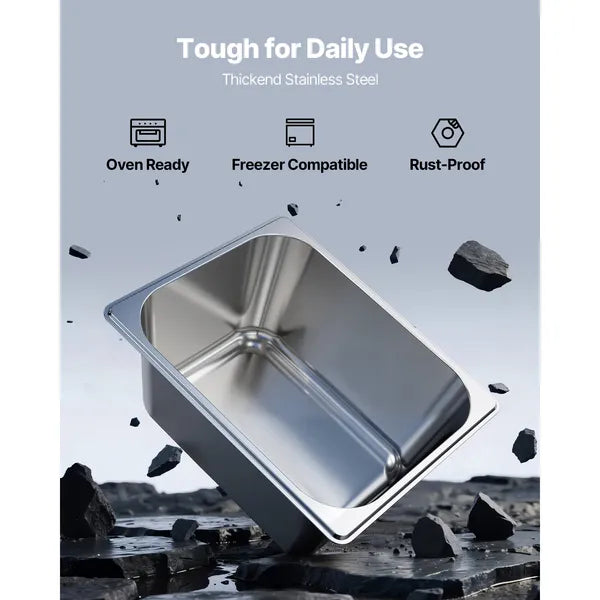 2‑Pack 1/2 Size Stainless Steel Steam Table Pans with Lids, 6 Inch Deep Oven Freezer Safe Commercial Food Storage Containers
