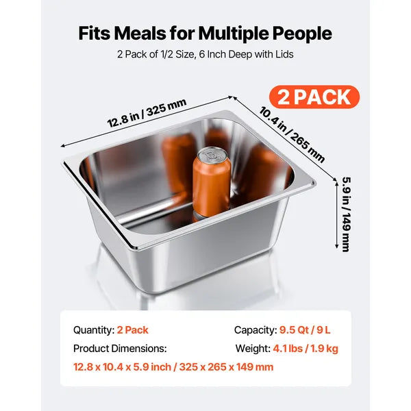 2‑Pack 1/2 Size Stainless Steel Steam Table Pans with Lids, 6 Inch Deep Oven Freezer Safe Commercial Food Storage Containers