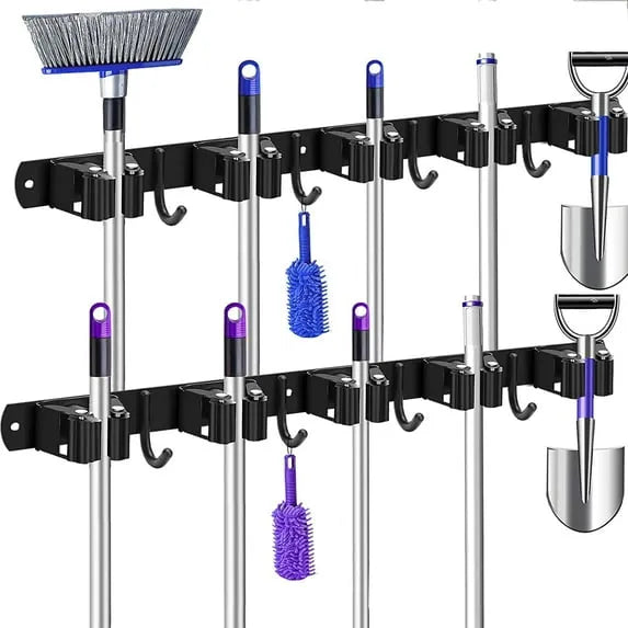 Aeelleea 2-Pack Wall Mount Mop Broom Holder, 4 Slots 5 Hooks Heavy Duty Metal Storage Rack, Black for Garage Laundry Garden