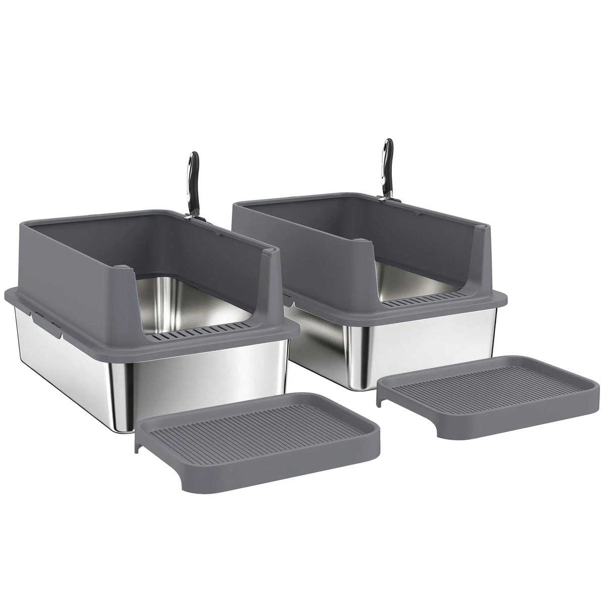 2‑Pack XL Stainless Steel Cat Litter Box, High‑Sided Semi‑Enclosed Metal Litter Pan with Litter‑Tracking Step & Stainless Steel Scoop for Multi‑Cat Household