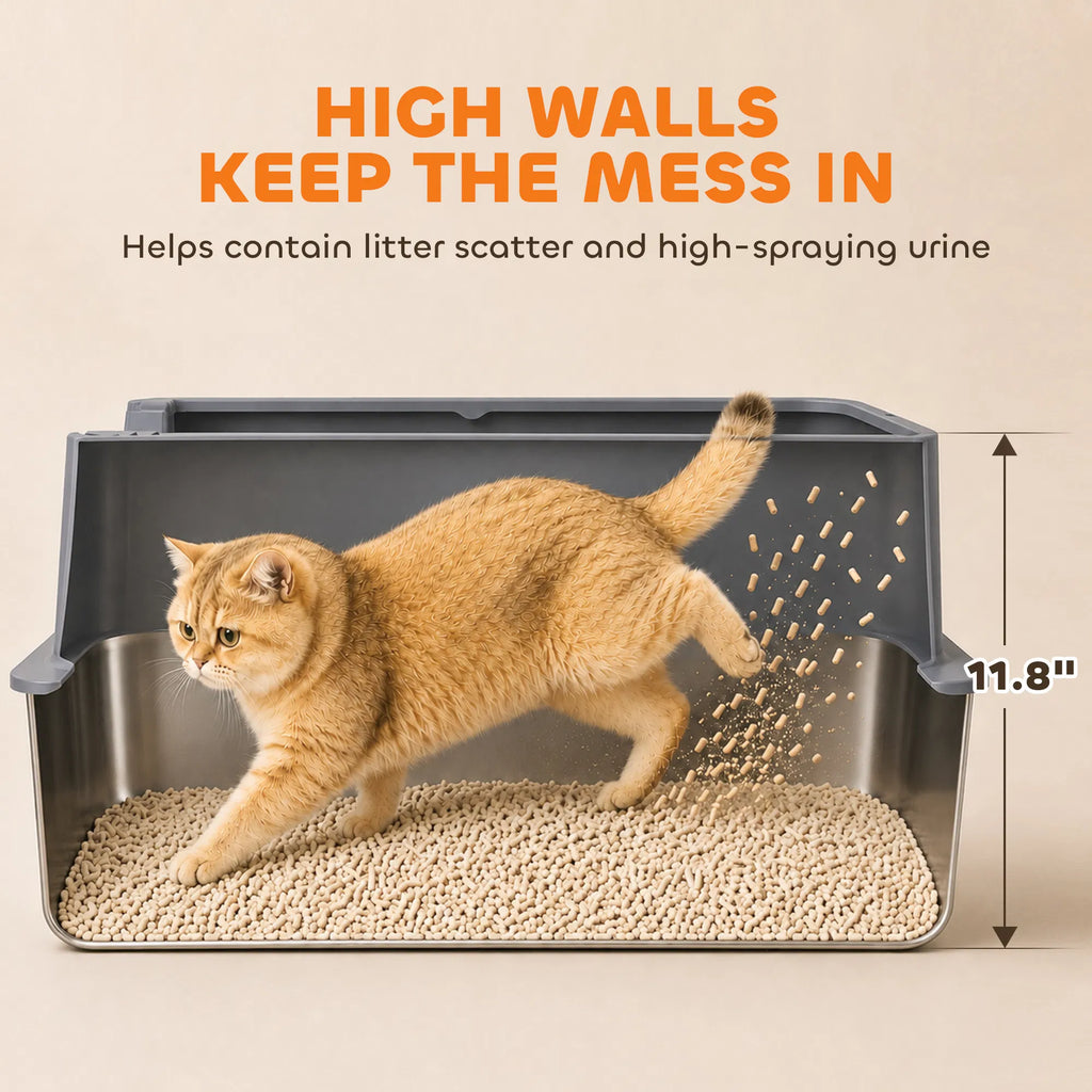 2‑Pack XL Stainless Steel Cat Litter Box, High‑Sided Semi‑Enclosed Metal Litter Pan with Litter‑Tracking Step & Stainless Steel Scoop for Multi‑Cat Household