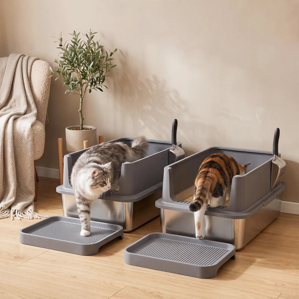 2‑Pack XL Stainless Steel Cat Litter Box, High‑Sided Semi‑Enclosed Metal Litter Pan with Litter‑Tracking Step & Stainless Steel Scoop for Multi‑Cat Household